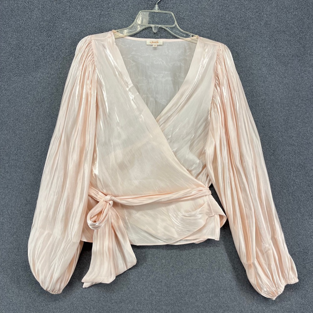 a.peach Wrap Blouse Womens Large Pink Pleated Balloon Sleeve Shimmer Coquette